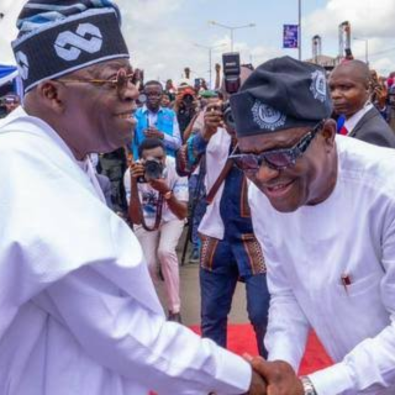 Image of Tinubu and Wike shaking hands